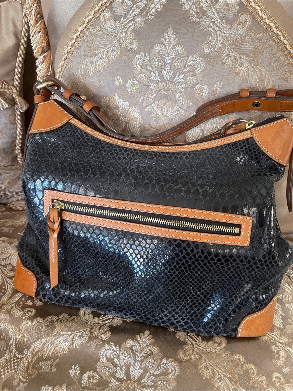 Dooney & Bourke Black Snake-Embossed Leather Hobo with Brown Trim - Picture 2 of 4